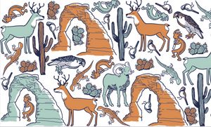 Illustrations of desert animals and landscapes on a white background
