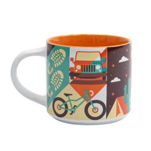 Mug with vehicle-themed design on a white background