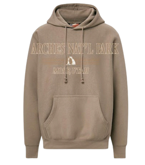 A taupe brown pullover hoodie featuring 'ARCHES NAT'L PARK' and 'MOAB, UTAH' printed on the chest with a small desert landscape graphic.