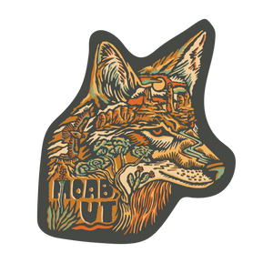 Colorful fox-shaped sticker with 'MOAB UT' text on a white background