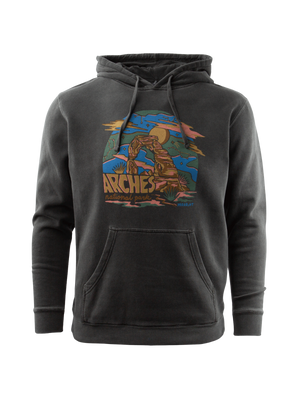 Dark gray hoodie with a colorful graphic design on a white background