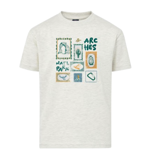 A light heather gray crewneck t-shirt featuring a colorful graphic print on the front with desert-themed illustrations and text reading 'NAT'L PARK' and 'ARC HES'.