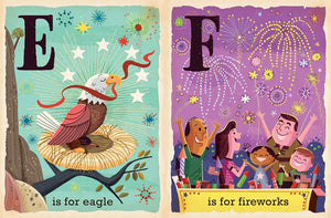 A is for America book open to E is for Eagle and F is for Fireworks