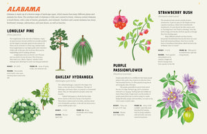 America Is Wild book open to the Alabama page with oakleaf hydrangea and purple passionflower illustrations