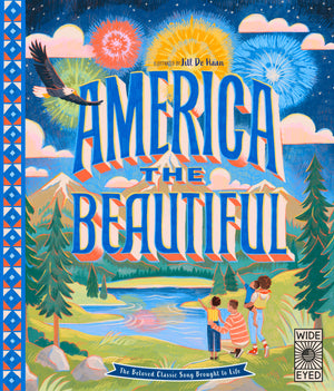 America the Beautiful book by Quarto, front cover with illustrated mountains, fireworks and a family by a lake