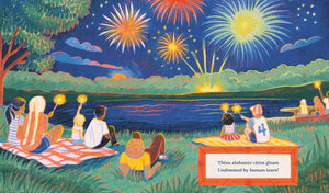 America the Beautiful book open to a fireworks over a lake illustration