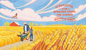 America the Beautiful book open to a golden wheat field illustration with the spacious skies lyric