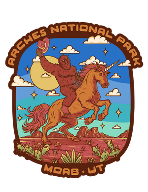 Illustration of a bear riding a unicorn with 'Arches National Park' text above and 'Moab, UT' text below.