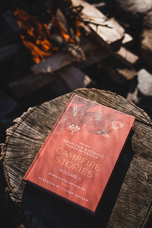Campfire Stories Volume II book resting on a log beside a campfire