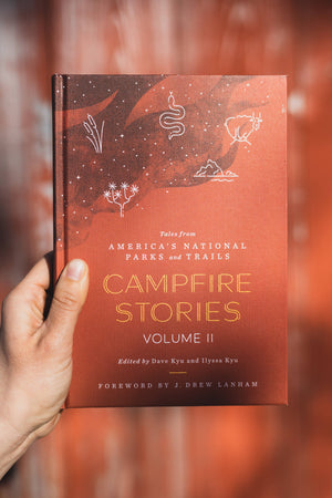 Hand holding the Campfire Stories Volume II book by a campfire