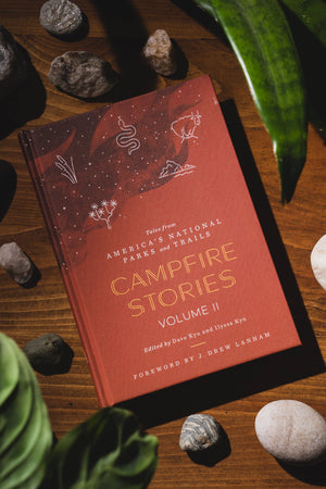 Campfire Stories Volume II book lying on a wooden table beside a plant