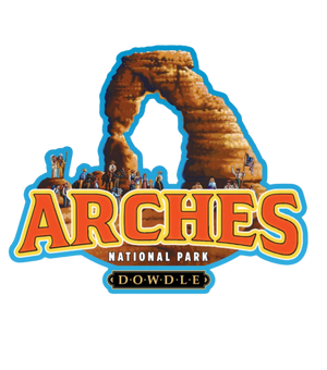 Dowdle Folkart Arches National Park Ornament, a die cut ornament with Delicate Arch and a crowd of tiny visitors
