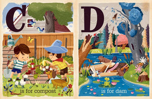 E is for Earth book open to C is for Compost and D is for Dam