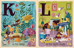 E is for Earth book open to K is for Kelp and L is for Light Bulb