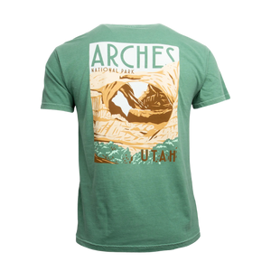 Image One Arches Painted Poster Adult T-Shirt in Light Green, back view with a painted Delicate Arch poster graphic