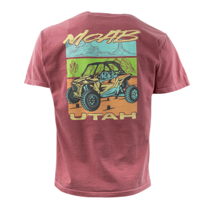 Image One Bike Sketch Adult T-Shirt in Brick, back view with a Moab Utah off road side by side graphic