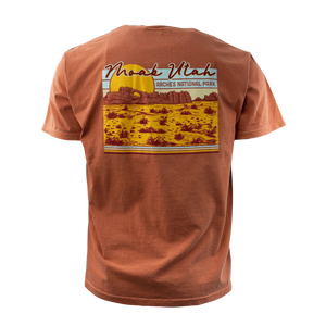 Image One Cactus Country Adult T-Shirt in Yam, back view with a Moab Utah Arches National Park desert graphic