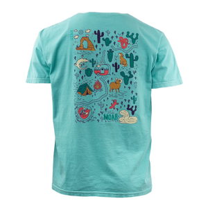 Image One Campground Map Adult T-Shirt in Chalky Mint, back view with a colorful Moab campground map graphic