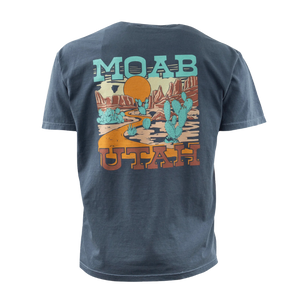 Image One Desert Trip Adult T-Shirt in Denim, back view with a retro Moab Utah desert road trip graphic
