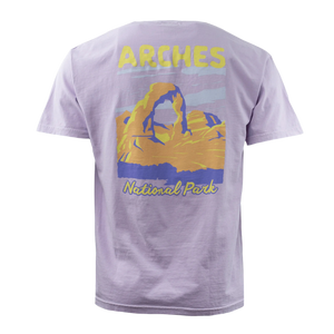 Image One Half Dome View Adult T-Shirt in Orchid, back view with a purple and yellow Arches National Park graphic