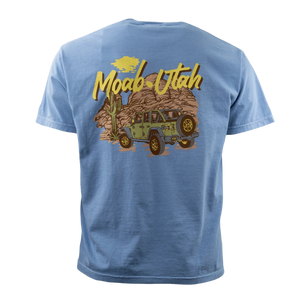Image One Heading North Adult T-Shirt in Washed Denim, back view with a Moab Utah retro jeep graphic