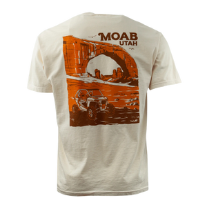 Image One Hiking Solitude Adult T-Shirt in Ivory, back view with a Moab Utah jeep under an arch graphic