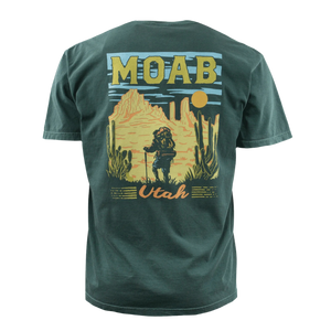 Image One Hiking Vista Adult T-Shirt in Blue Spruce, back view with a Moab Utah hiker and desert vista graphic