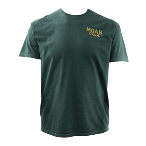 Image One Hiking Vista Adult T-Shirt in Blue Spruce, a dark green tee with a small Moab chest print, front view