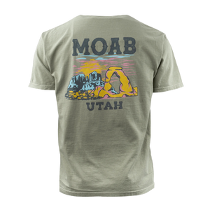 Image One Live Love Lake Adult T-Shirt in Sandstone, back view with a Moab Utah Delicate Arch sunset graphic
