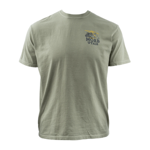 Image One Live Love Lake Adult T-Shirt in Sandstone, a sage tee with a small Moab Utah chest print, front view