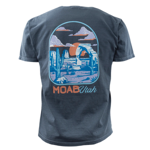 Image One Mountain Clouds Adult T-Shirt in Denim, back view with a blue Moab Utah desert and clouds graphic