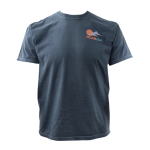 Image One Mountain Clouds Adult T-Shirt in Denim, a navy tee with a small Moab Utah chest print, front view