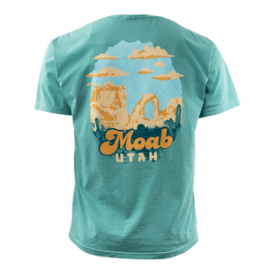 Image One Mountain Contrast Adult T-Shirt in Seafoam, back view with a Moab Utah arch and desert graphic