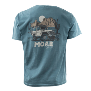 Image One Mountain Ride Adult T-Shirt in Ice Blue, back view with a Moab Utah jeep and red rock graphic