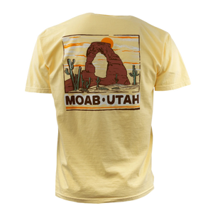 Image One Mountain Sketch Adult T-Shirt in Butter, back view with a Moab Utah Delicate Arch and cactus graphic
