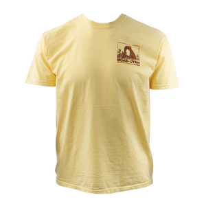 Image One Mountain Sketch Adult T-Shirt, a pale yellow tee with a small Moab Utah chest print, front view