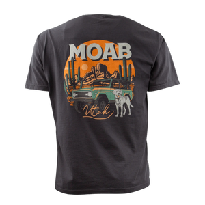 Image One Mountainous Off Roader Dog Adult T-Shirt in Graphite, back view with a Moab Utah jeep and dog sunset graphic