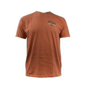 Image One Olde English Cowboy Skull Adult T-Shirt in Yam, a rust orange tee with a small chest print, front view