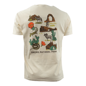 Image One Park Map Adult T-Shirt in Ivory, back view with an illustrated Arches National Park wildlife map graphic