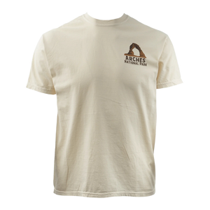 Image One Park Map Adult T-Shirt in Ivory, a cream tee with a small Arches chest print, front view