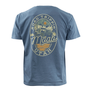 Image One Road Trip Oval Adult T-Shirt in BlueJean, back view with a Road Trippin' Moab Utah camper van graphic