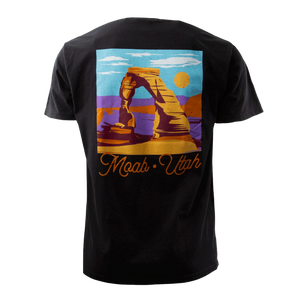 Image One Sunset Desert View Adult T-Shirt in Black, back view with a colorful Delicate Arch Moab Utah graphic