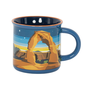 Impact Merchandise Camper Minimalist Mug, back view with Delicate Arch against a sunset sky
