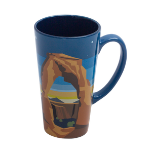 Impact Merchandise Minimalist Latte Mug, back view with Delicate Arch against a sunset sky