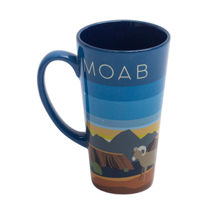 Impact Merchandise Minimalist Latte Mug, a tall blue mug with MOAB lettering and a bighorn sheep desert scene