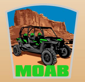 Moab Razor lapel pin, a green side by side UTV below red rock cliffs with MOAB lettered in green