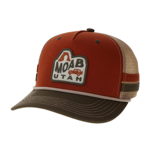 Legacy Bar Trucker Hat in rust and brown with a Moab Utah jeep patch and tan mesh back, angled view