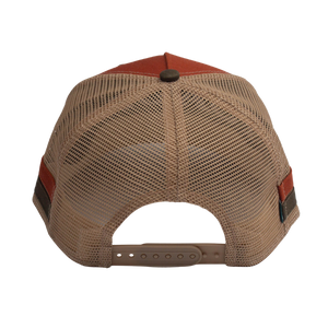 Legacy Bar Trucker Hat showing the tan mesh back and snap closure
