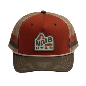 Legacy Bar Trucker Hat in rust and brown with a Moab Utah jeep patch, front view