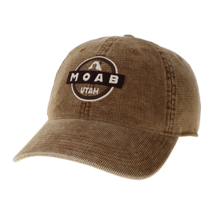 Legacy Brown Salt Wash Corduroy Hat, a tan corduroy cap with a round Moab Utah arch patch